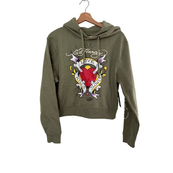 Ed Hardy Tops - Ed Hardy Womens Olive Green Hoodie Love Kills Slowly Graphic Medium Cotton Blend